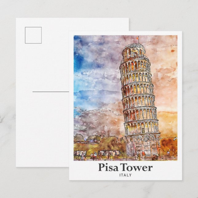 Cartão Postal Pisa Tower Italy Viagem Watercolor Hand Drawn (Frente/Verso)