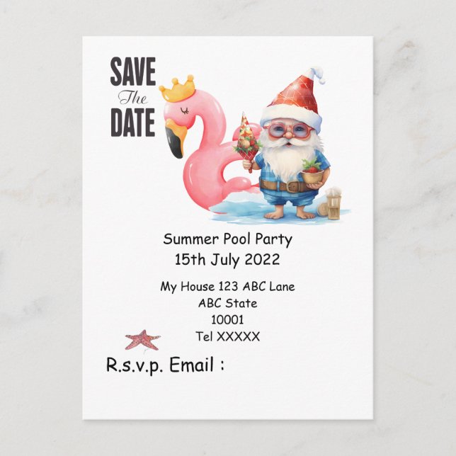 Cartão Postal Piscina de Verão com SANTA CLAUS Guarde a data (Frente)