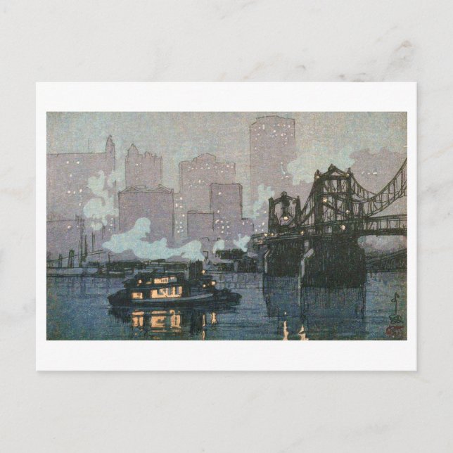 Cartão Postal Pittsburgh à noite, Hiroshi Yoshida, Woodcut (Frente)