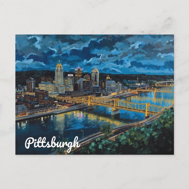 Cartão Postal Pittsburgh Yellow Bridges City Art (Frente)