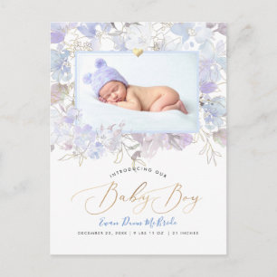 Cartão Postal PixDezines Blue Watercolor Flores Boy Birth