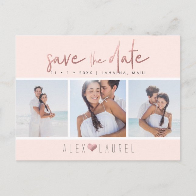 Cartão Postal PixDezines Faux RoseGold Script Chic Salvar Data (Frente)