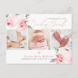 Cartão Postal PixDezines Watercolor flowers, Girl Birth