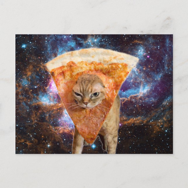 Cartão Postal Pizza Cat no Espaço Vestindo Pizza Slice (Frente)