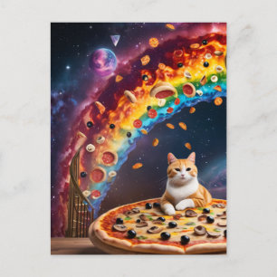 Cartão Postal Pizza Engraçada Gato no Espaço Escadas Arco-Íris