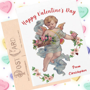 Cartão Postal Placa Cupid Floral do Dia de os namorados Vintage