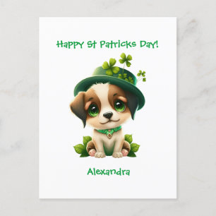 Cartão Postal Placa de Dia de São Patrício com Cão Leprechaun Cu