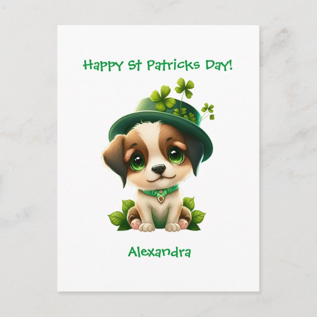 Cartão Postal Placa de Dia de São Patrício com Cão Leprechaun Cu (Frente)