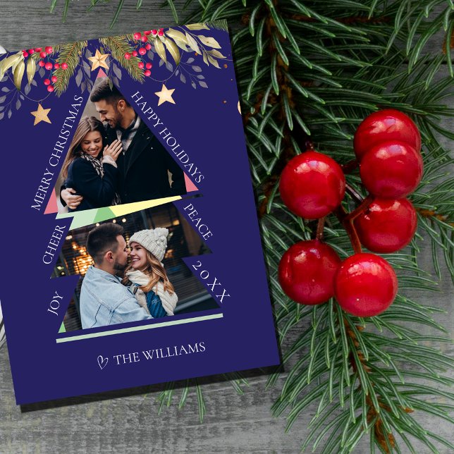 Cartão Postal Placa de Férias de Árvore de Fotografias Múltiplas (Merry Christmas Multiple Photo Tree Holiday Card)