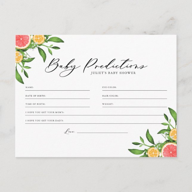 Cartão Postal Placa de Jogo para Previsões de Bebê e Laranjas e  (Frente)