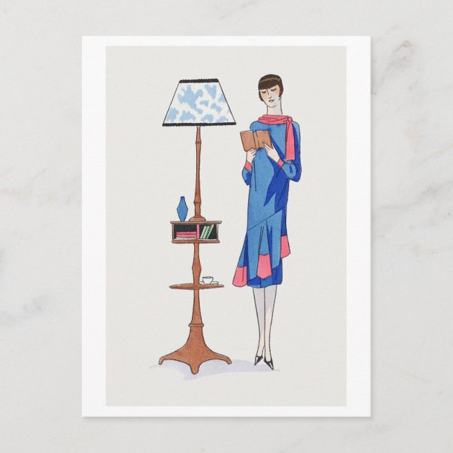 Cartão Postal Placa de Moda de 1920 para Vestido e Leitura Diurn (Frente)