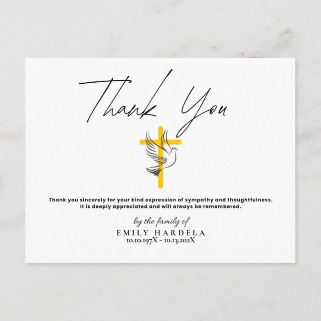 Cartão Postal Placa de Obrigados Simples de Script Dove e Cross  (Verso)