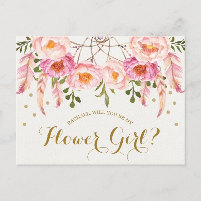 Cartão Postal Placa de Proposta para Menina Flor Boho Blush Pink (Frente)