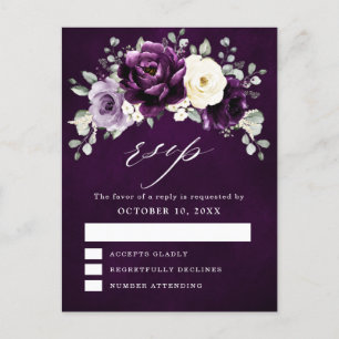 Cartão Postal Placa de roxo Plum Ivory White Floral RSVP Postc