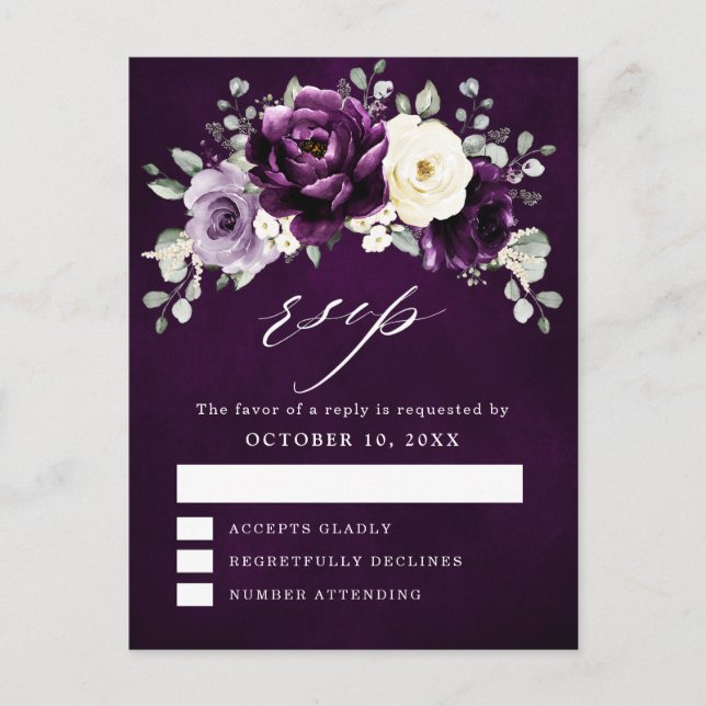 Cartão Postal Placa de roxo Plum Ivory White Floral RSVP Postc (Frente)