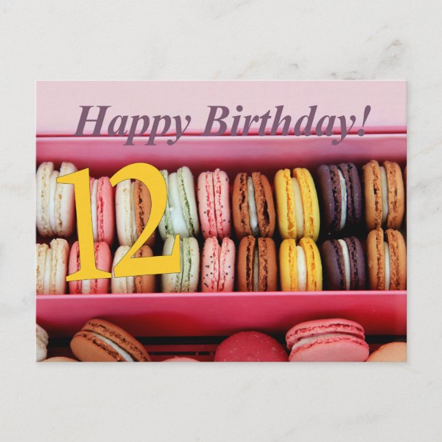 Cartão Postal Placa Macaron de Aniversário 12 (Frente)
