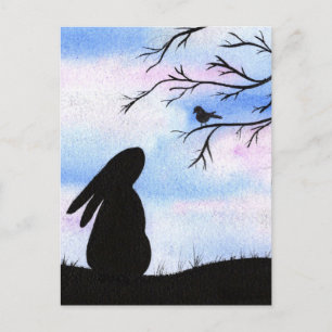 Cartão Postal Placa Silhueta bonito Bunny & Bird Watercolor