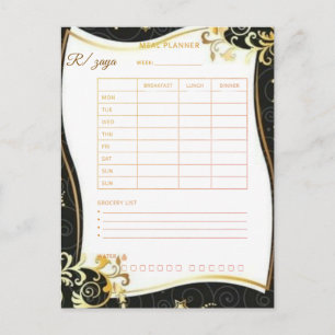 Cartão Postal Planejador de refeições floral Preto Dourado Aquar