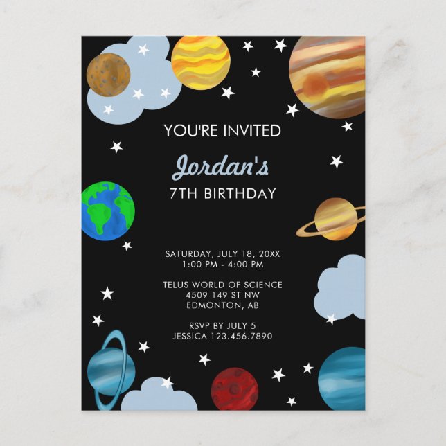 Cartão Postal Planetas Aniversário Espaço Sideral Galáxia Festa  (Frente)