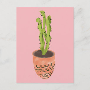 Cartão Postal Planta de Cacto Terracota Desenhada à Mão Rosa