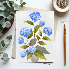 Cartão Postal Planta de Hortênsia Azul | Aquarela Floral Bonita