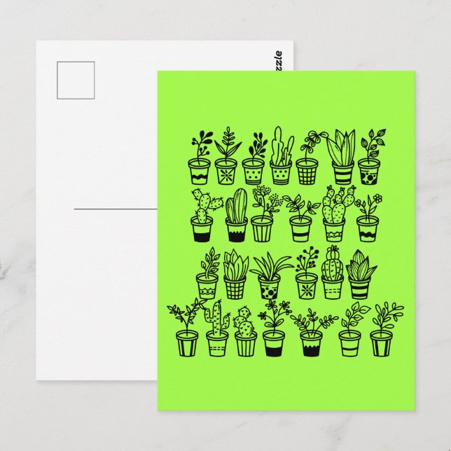 Cartão Postal Plantas Fofas de Rabiscos em Vasos  (Frente/Verso)