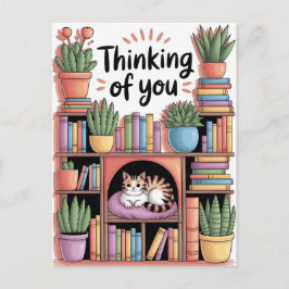 Cartão Postal Plantas, Gatos E Livros - Estética De Gatos-Livres