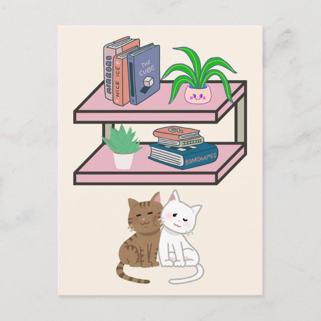 Cartão Postal Plantas, Gatos E Livros - Estética De Gatos-Livres (Frente)