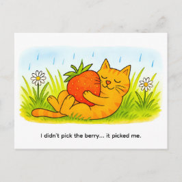 Cartão Postal Playful Cartoon Cat Hugging Big Strawberry