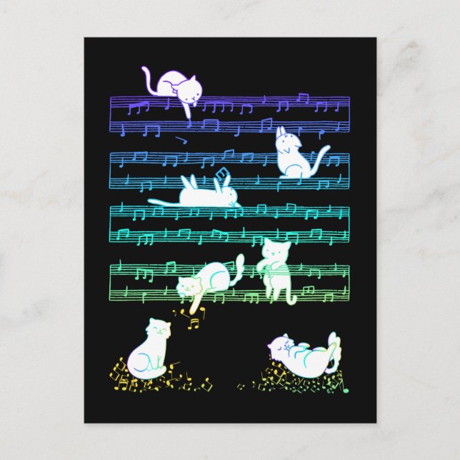 Cartão Postal Playful Cats Colorful Music Notes Composer Cat (Frente)