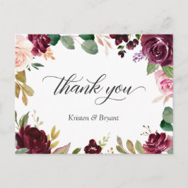 Cartão Postal Plum Purple Blush Floral Casamento Obrigado