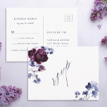 Cartão Postal Plum Purple & Indigo Blue Floral Wedding RSVP<br><div class="desc">This wedding rsvp postcard features a watercolor bouquet of plum purple peonies and indigo blue flowers with stylish calligraphy. For more advanced customization of this design,  please click the DESIGN TOOL BUTTON. Matching items are also available.</div>