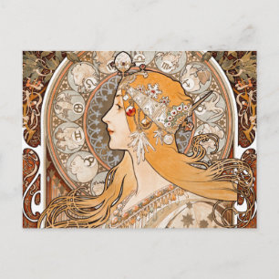 Cartão Postal Plume Zodiac Woman de Alphonse Mucha – Art Nouveau