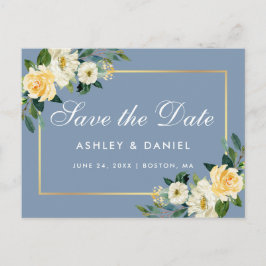 Cartão Postal Pó Floral Amarelo Aquarela Azul Save the Date