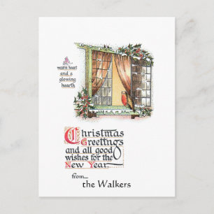 Cartão Postal Pobre Robin de Natal em Snowy Window