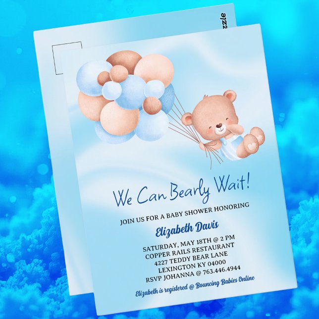 Cartão Postal Podemos Esperar Chá de fraldas Blue Beige Boy (🧸 We Can Bearly Wait! Blue & Beige Baby Shower Postcard – Cuteness Overload! 💙✨)