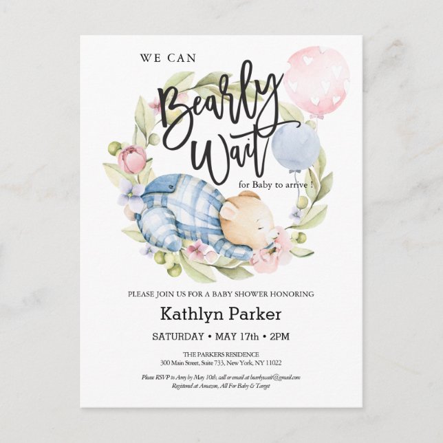 Cartão Postal Podemos Esperar, Garoto, Chá de fraldas De Urso. (Frente)