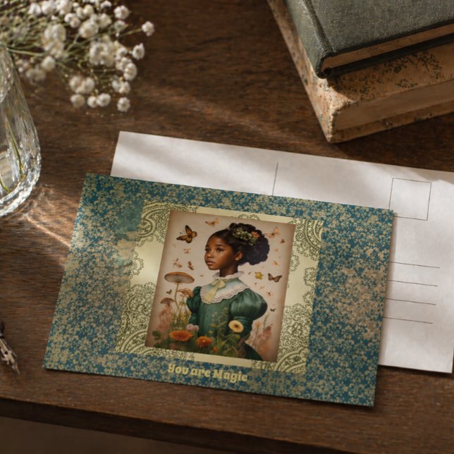 Cartão Postal Poder de Menina Negra Retrato Vintage Floral Borbo (Criador carregado)