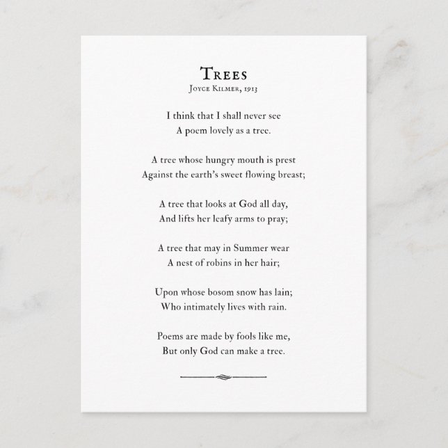 Cartão Postal Poema das Árvores por Kilmer, poesia inspiradora (Frente)