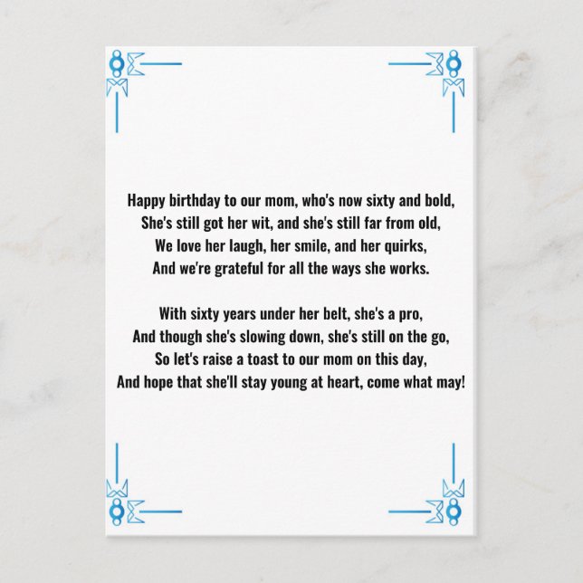 Cartão Postal Poema Divertido para Mulher de 60 anos (Frente)