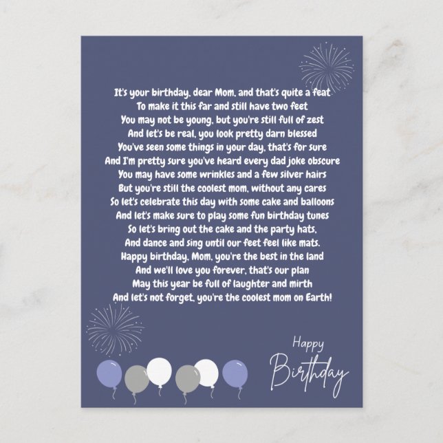 Cartão Postal Poema Muito Divertido para Aniversário da Mamãe (Frente)