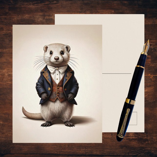 Cartão Postal Poetcore Literary Weasel | Dark Academia (A poetcore dark academia postcard on a dark wooden desk with a fountain pen. Gentleman Weasel)