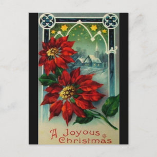 Cartão Postal Poinsétia Vintage Igreja e Estrelas Natal