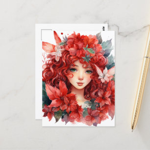 Cartão Postal Poinsettia Christmas Flower Fairy Girl