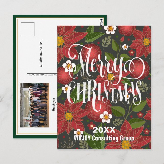 Cartão Postal Poinsettia Floral Elegant Script Photo Business (Frente/Verso)