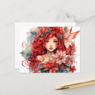 Cartão Postal Poinsettia Flower Fairy Girl