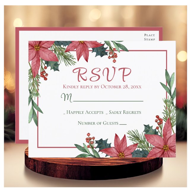 Cartão Postal Poinsettia Red Christmas Floral Weding RSVP (Criador carregado)