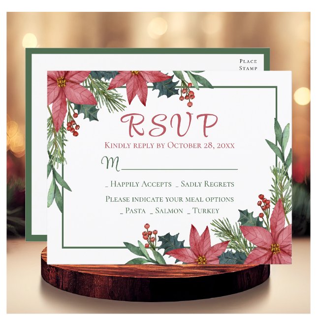 Cartão Postal Poinsettia Red Christmas Floral Weding RSVP (Criador carregado)