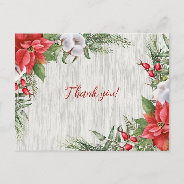 Cartão Postal Poinsettia Vermelha Folhas Verdes Casamento  (Frente)