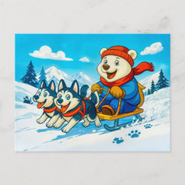 Cartão Postal Polar Bear Racing a Husky Dog Sled Team
